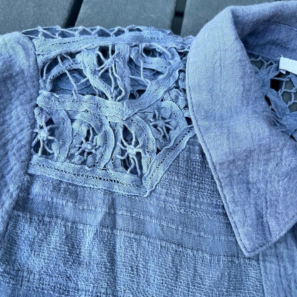 Miss Me Button Down Blue Lace Cut Work Shirt, Women's size S